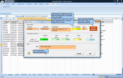 GeneralCOST Estimator Sample Screen