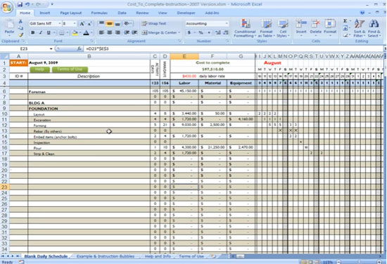 Complete construction cost using excel