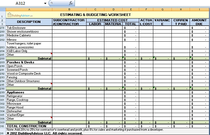 Cost Estimating Template Free