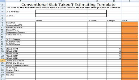Conventional Slab Takeoff Estimating Template Download