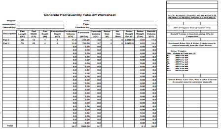 Download Concrete Pad Quantity Take-Off Worksheet Sample