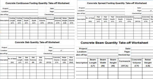 Download Concrete Continuous Footing Quantity Take-off Worksheet Template