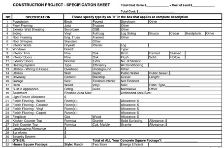 New Home Construction Project - Specification Sheet Template Download
