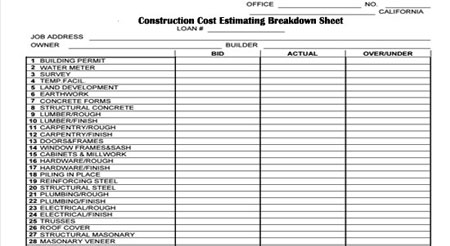 Download Construction Cost Estimating Breakdown Sheet