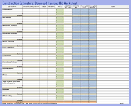 Free Download Itemized Construction Bid Worksheet Template