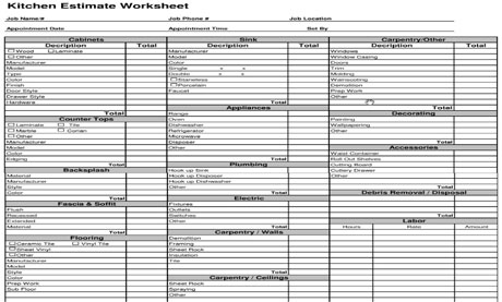 Construction Estimating Template - Kitchen Cost Estimate Worksheet