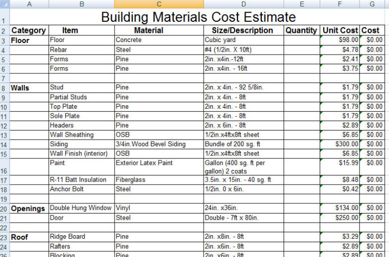 Download Construction Building Materials Cost Estimate Sample