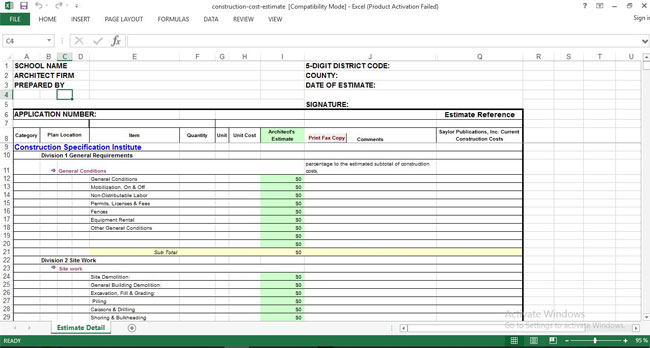 free construction cost estimating sheet