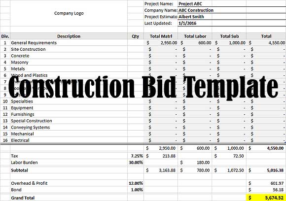 construction bid template download