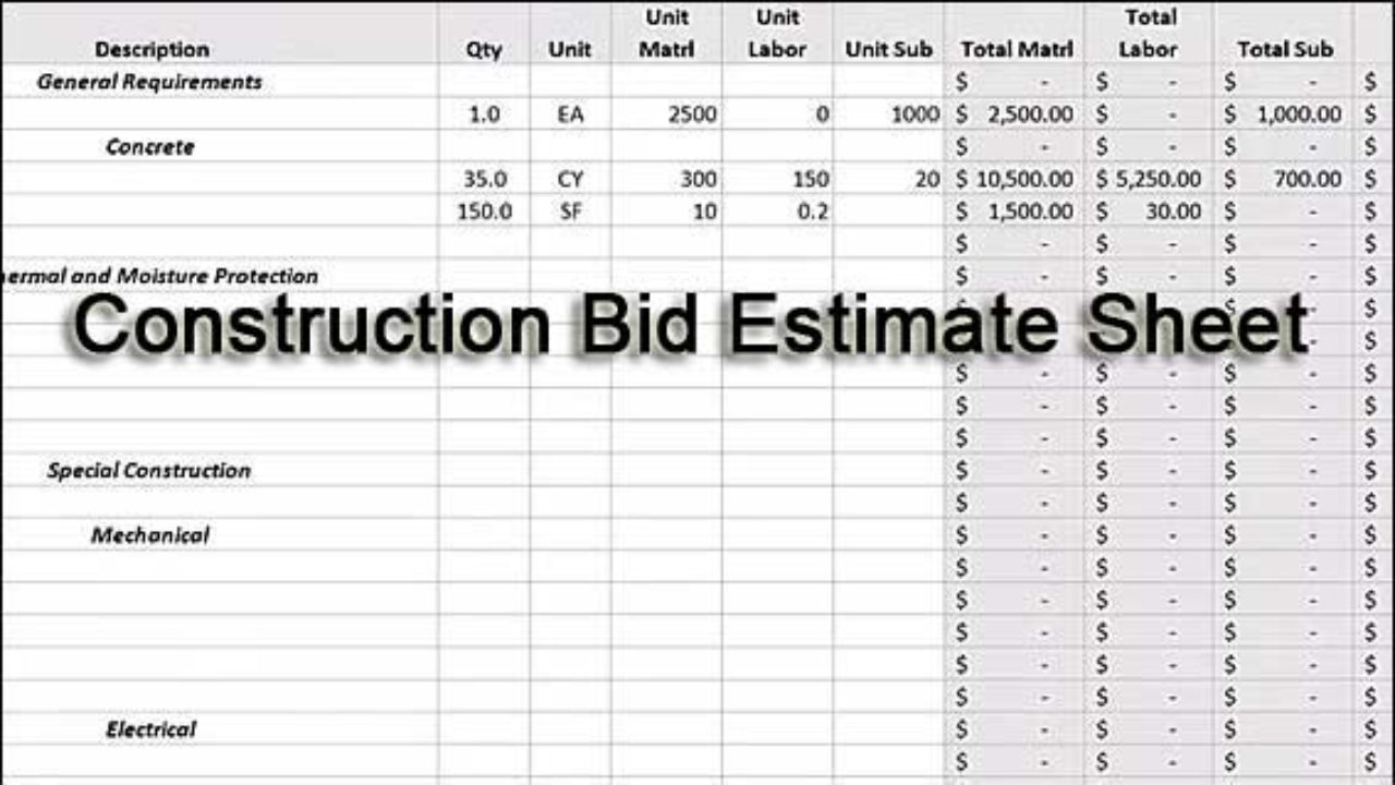 Construction Bid Estimate Excel Template Download Constructupdate Com